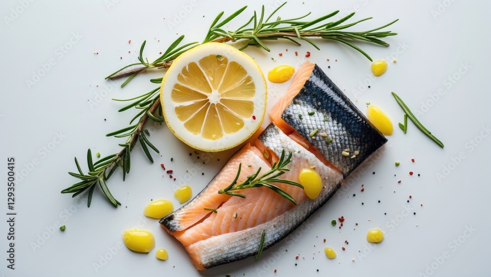 Poster fresh salmon fillet with lemon and rosemary garnish on white background for culinary presentation an