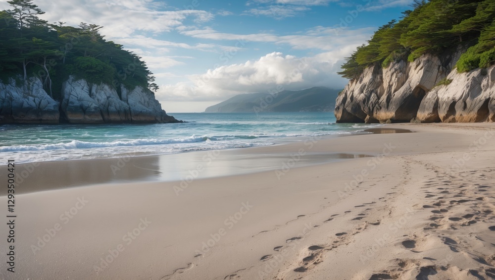 Poster tranquil coastal scene with gentle waves and serene sandy beach framed by lush greenery and dramatic