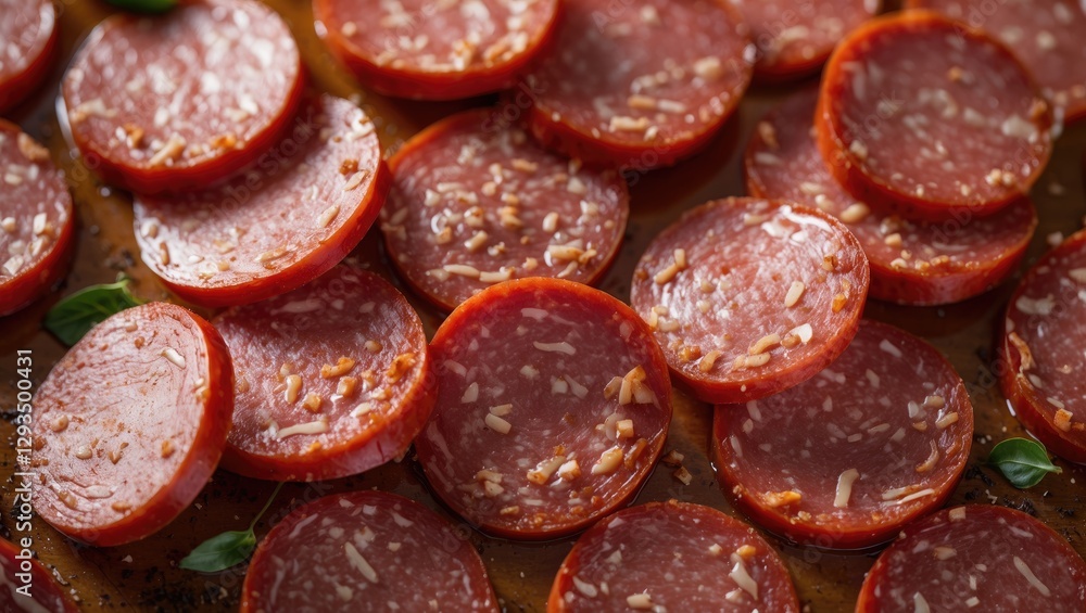 Poster close up of sliced pepperoni sausage arranged on a wooden board garnished with herbs showing rich co