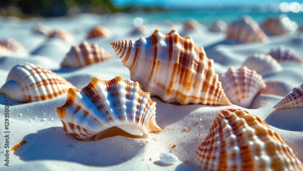 Poster seashells scattered on pristine white sand beach under bright sunlight creating a serene coastal atm