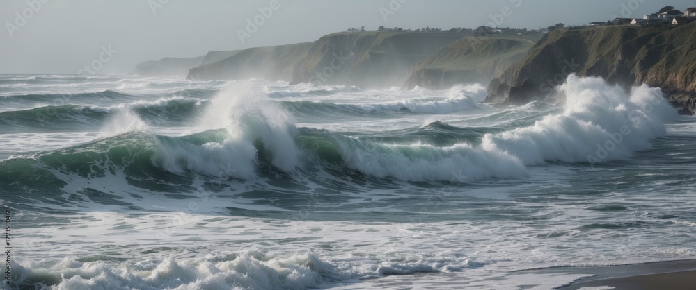 Poster dynamic waves crashing against rocky coastline with ample blank space ideal for text overlay