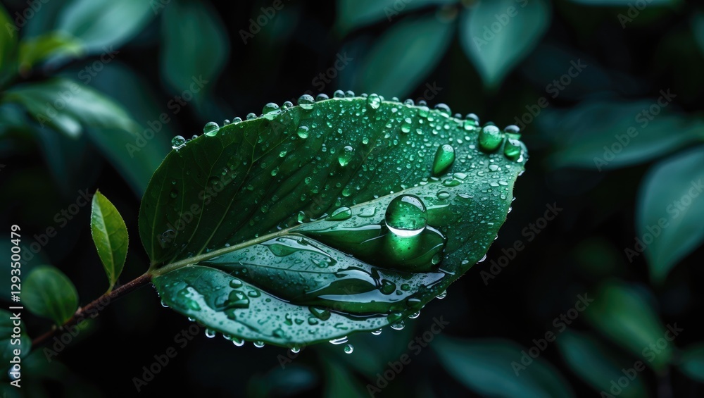 Poster water droplet on leaf with dark green foliage background in selective focus creating a calm nature a