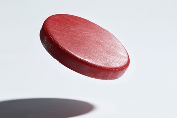 Red disc hovers above smooth surface, casting soft shadow, showc