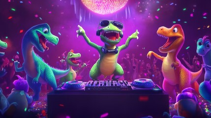 Dinosaurs dancing at a vibrant party with a DJ under colorful lights in a lively atmosphere