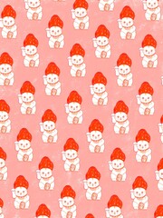 Fototapeta premium ピンク色をバックに苺の帽子を被った可愛い招き猫が沢山いる背景素材イラスト！