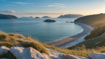 Tranquil Morning Seascape With Islands Viewed From Railway Beach Surrounded By Lush Greenery And Calm Waters Under Soft Light