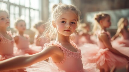 Young ballet dancers practicing gracefully in a bright studio during a warm afternoon