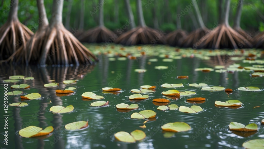 Poster serene pond with floating leaves surrounded by mangrove roots in a vibrant gambia swamp ecosystem.