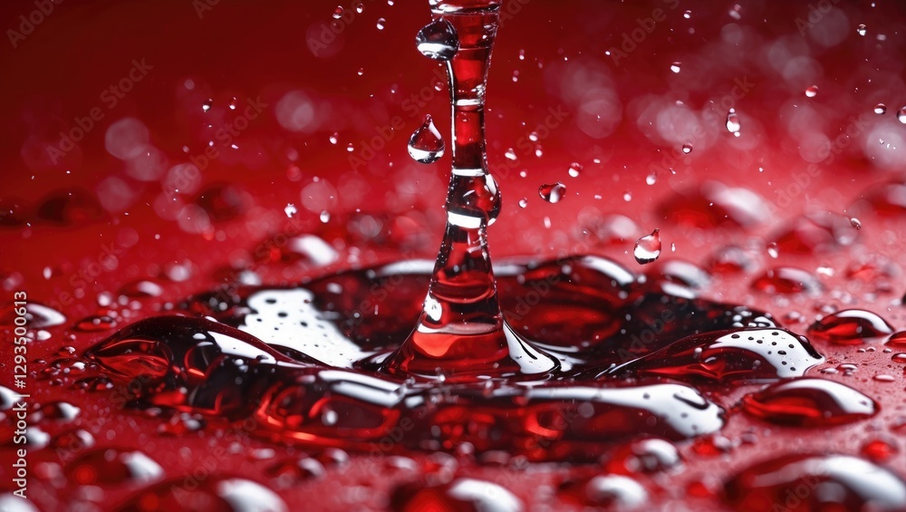 Poster water droplets creating ripples on a vibrant red background showcasing texture and fluidity in a hig