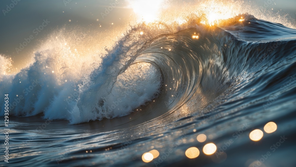 Poster majestic ocean wave illuminated by sunlight creating a shimmering and atmospheric effect on the wate