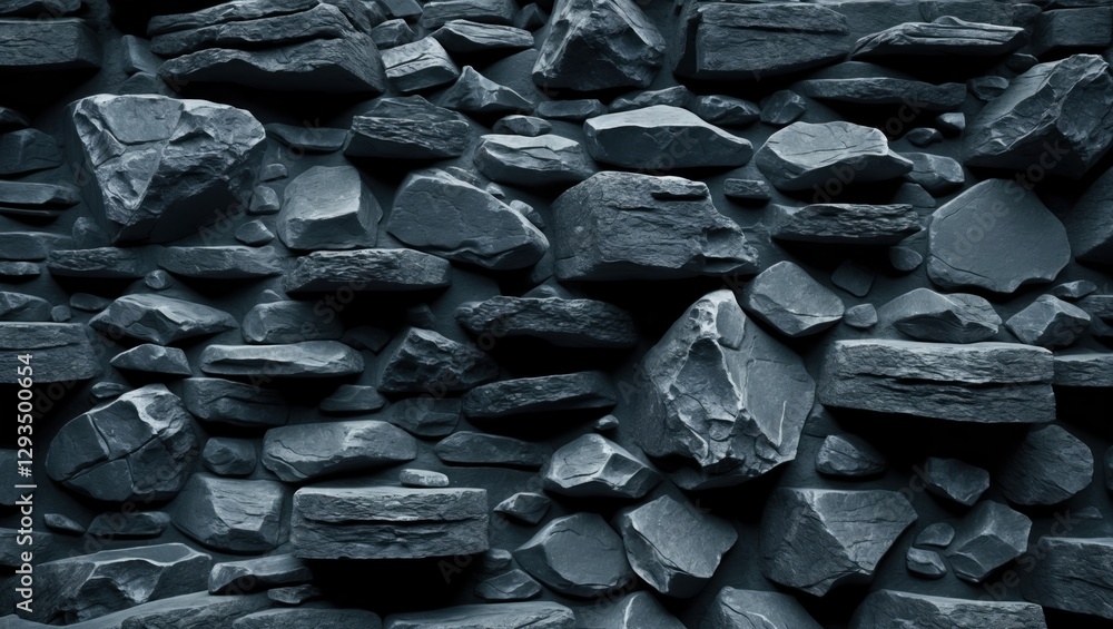 Poster dark grey and black textured wall made of various rocks creating a strong and sturdy background desi