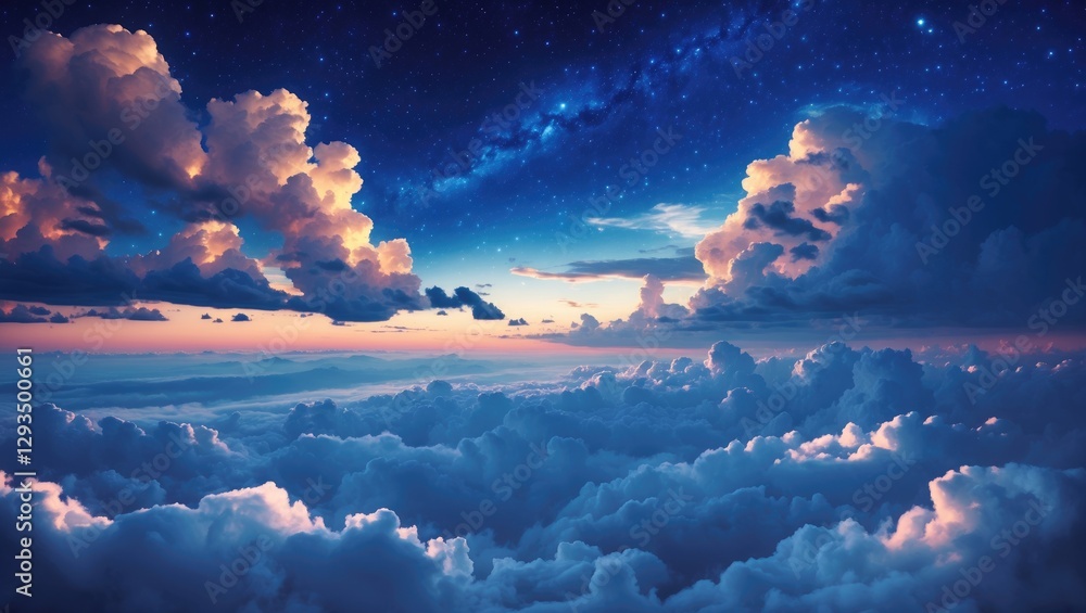 Poster evening sky with dramatic clouds and stars above a blanket of clouds ideal for background or text sp