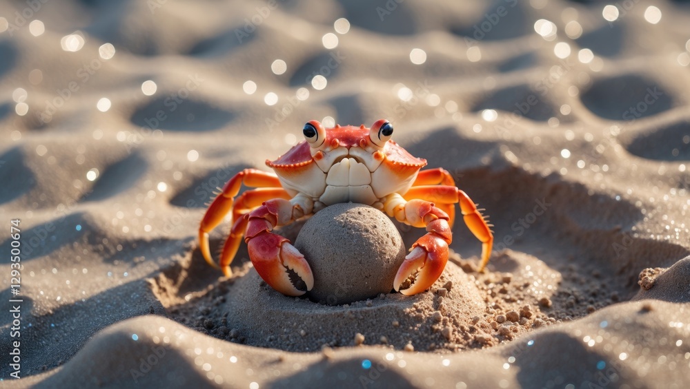 Poster vivid ghost crab creates sand ball and digs in sparkling beach sand under gentle sunlight with space