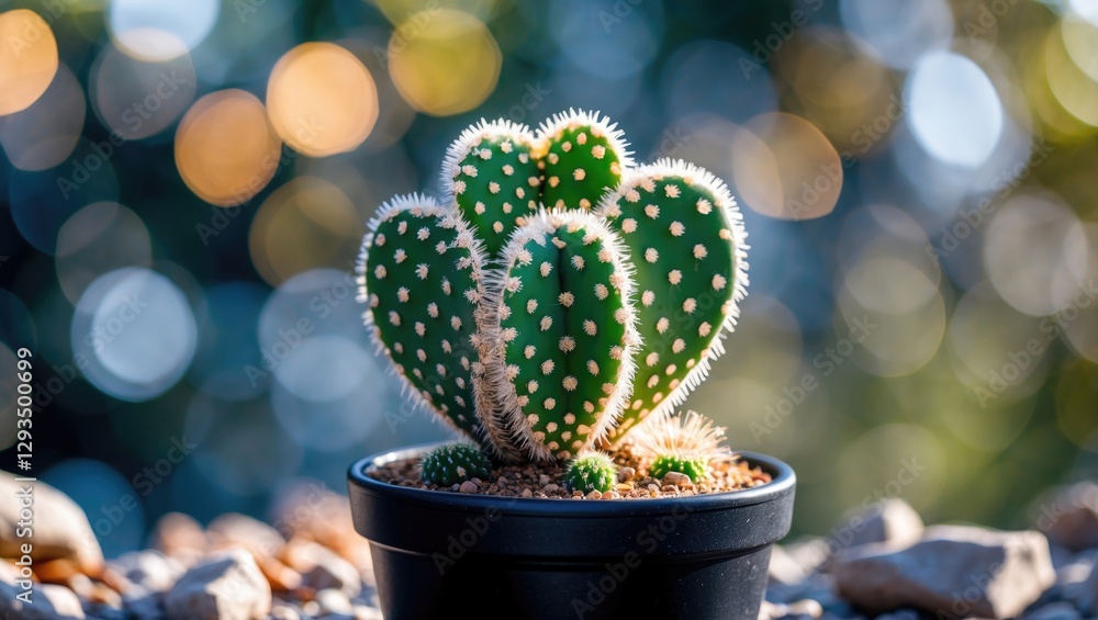 Aufkleber Astrophytum Sand Dollar Cactus in black pot with vibrant bokeh background showcasing its intricate texture and unique shape.