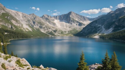 Scenic Mountain Lake View with Clear Blue Water and Lush Forest Reflections Under a Bright Sky Ideal for Nature and Outdoor Themes