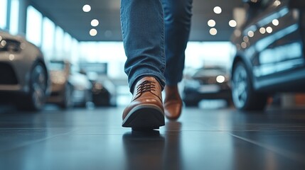 Fototapeta premium Close-up of a person’s feet walking into a car dealership showroom, captured from a low angle with a slight upward tilt, highlighting the entrance and first impression of the automotive environment.