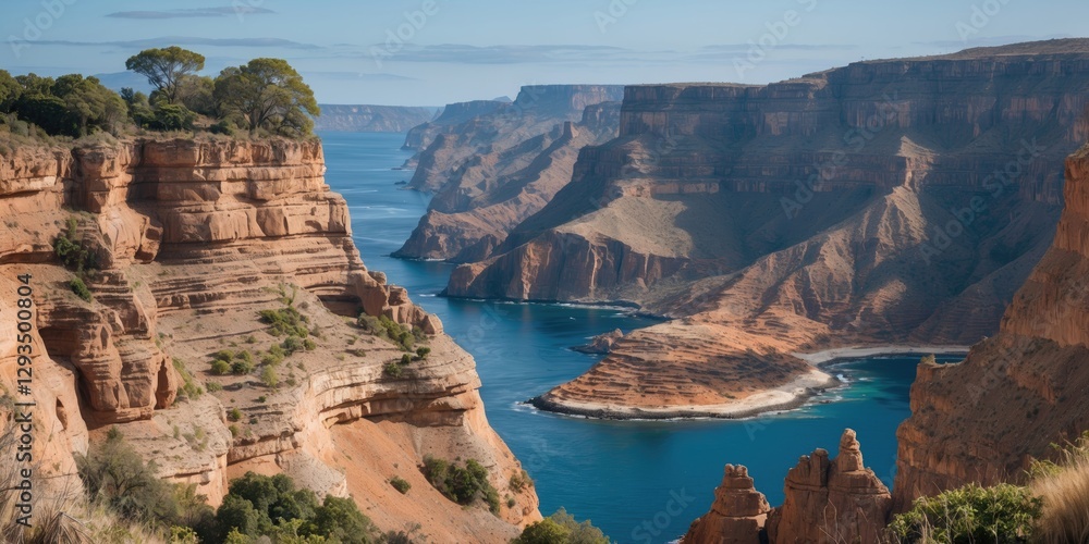 Poster scenic panorama of canyons and serene waters on an island with open space for personalized text or c