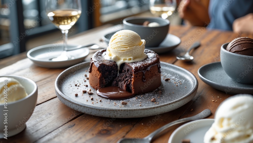 Poster indulgent chocolate lava cake served with creamy ice cream on a rustic wooden table with space for t