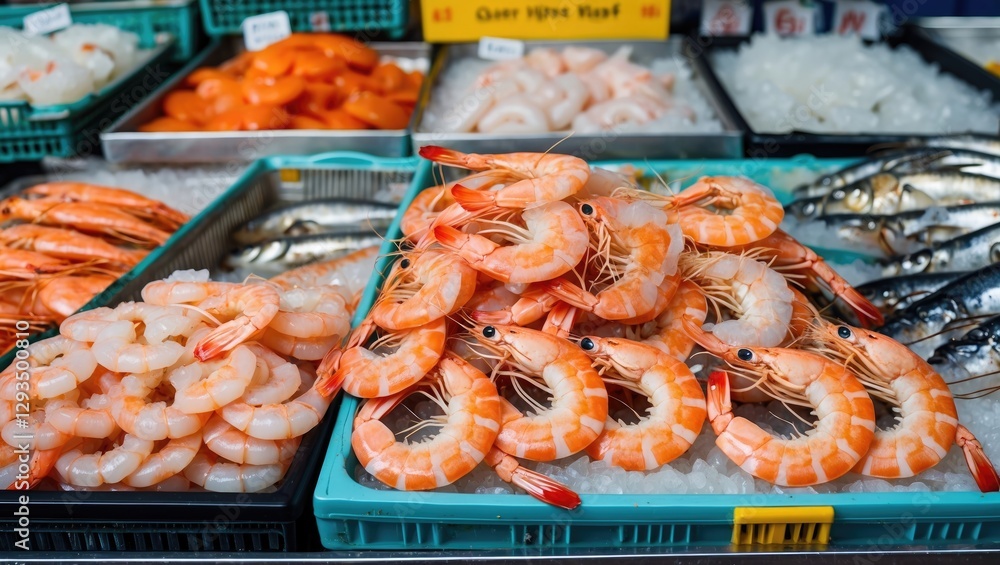 Poster fresh shrimp and seafood displayed for sale at market with ice background and space for text