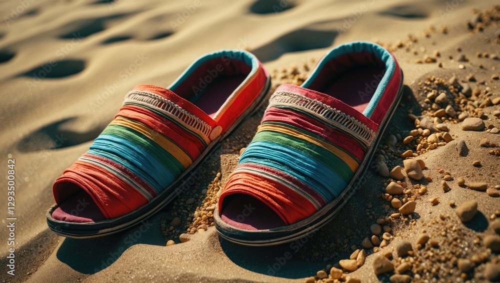 Poster colorful slippers on sandy beach with empty space for text overlay