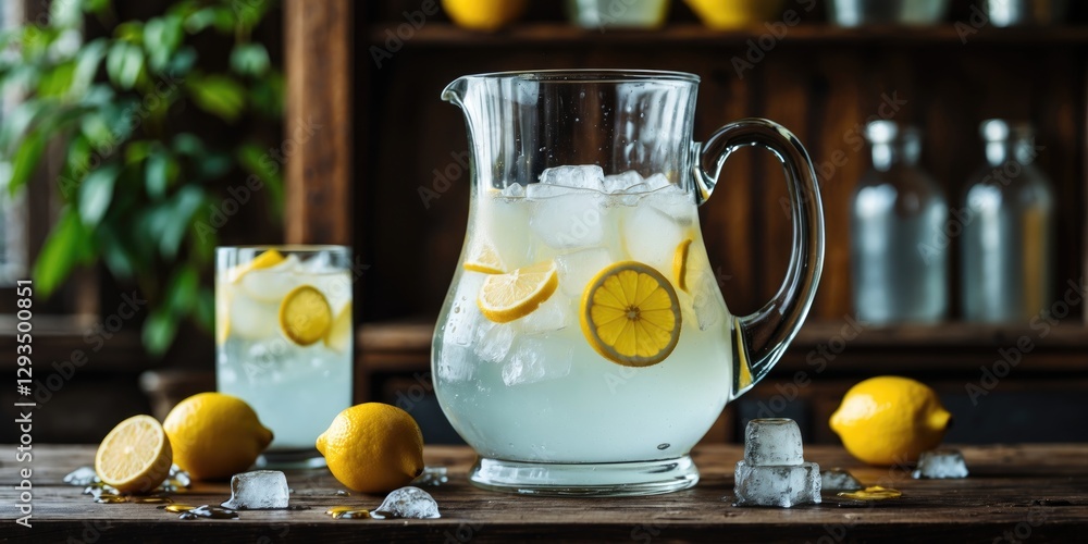 Poster refreshingly chilled lemonade pitcher with ice and lemon slices on rustic table with empty space for