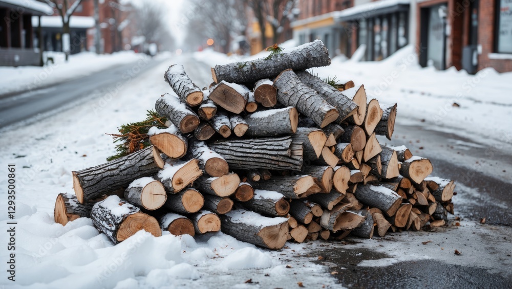 Poster Pine firewood stacked in a snowy street setting with desolate surroundings showcasing winter tranquility and rustic charm.