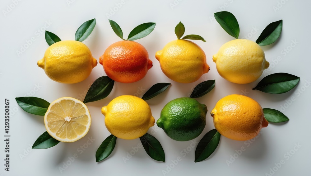 Poster colorful lemons with leaves arranged on white background highlighting freshness and vibrancy in citr