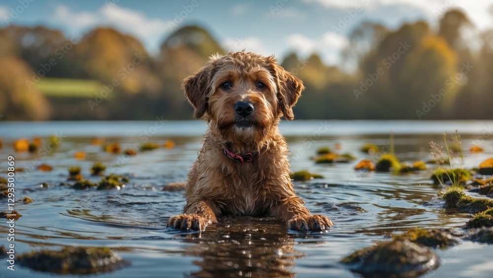 Poster dog standing in shallow water with natural background and copy space for text