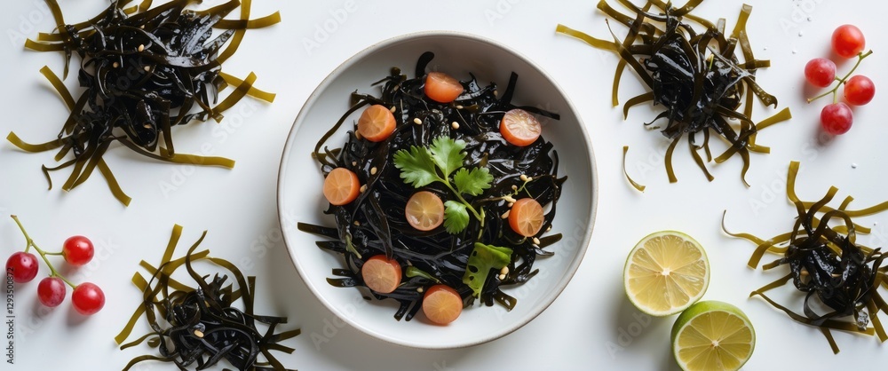 Poster healthy seaweed salad with cherry tomatoes and lime slices on white background fresh ingredients and