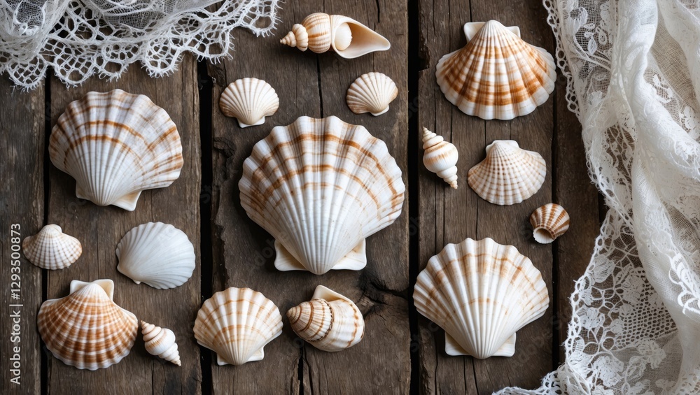 Poster seashells arranged on rustic wood with delicate lace fabric creating a shabby chic aesthetic for coa