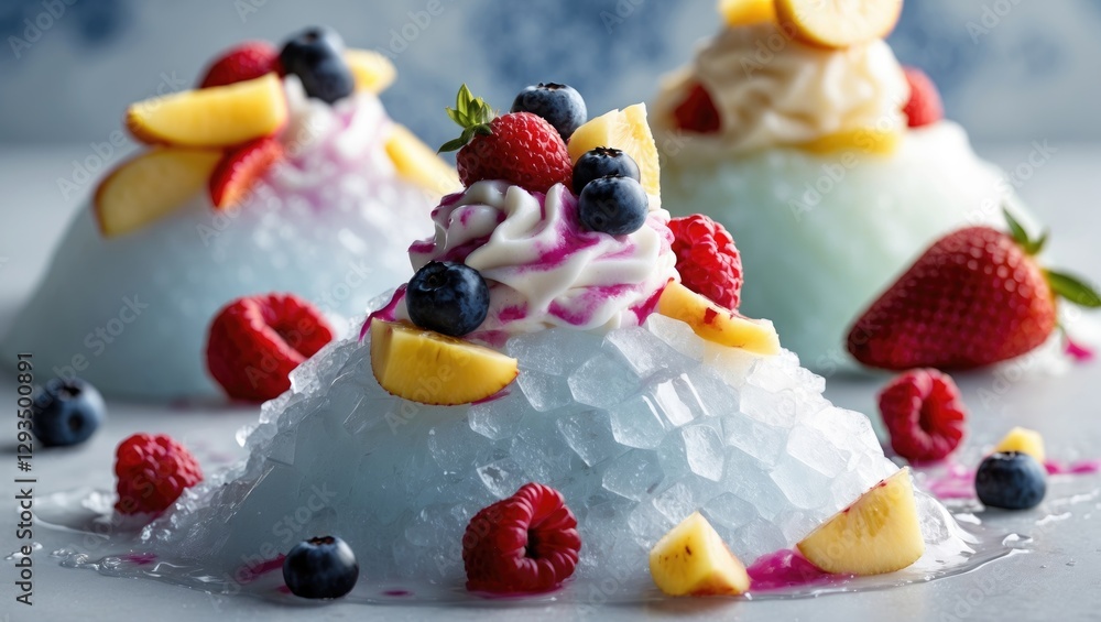 Poster Delicious Shaved Ice Dessert Topped With Fresh Fruit and Creamy Whipped Topping Ideal For Summer Treats With Space For Text Overlay