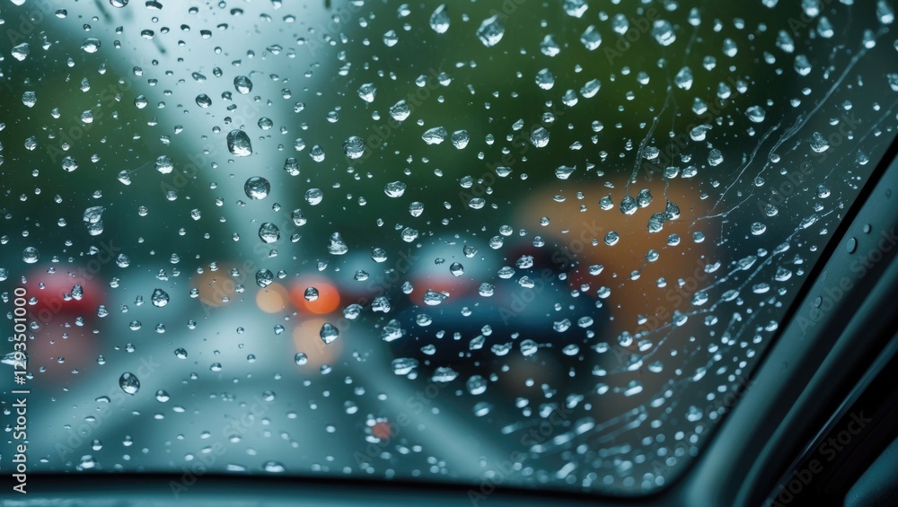 Poster raindrops on car window with blurred background creating an abstract rainy day atmosphere and a sens