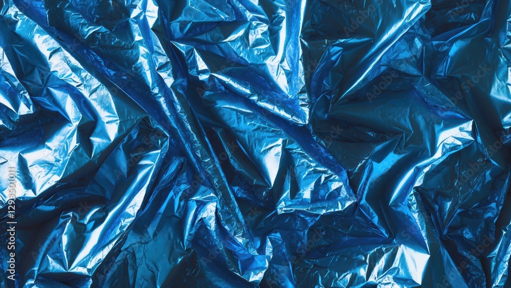 Poster Blue metallic crumpled foil texture for creative backgrounds and graphic design projects with a vibrant shiny finish.