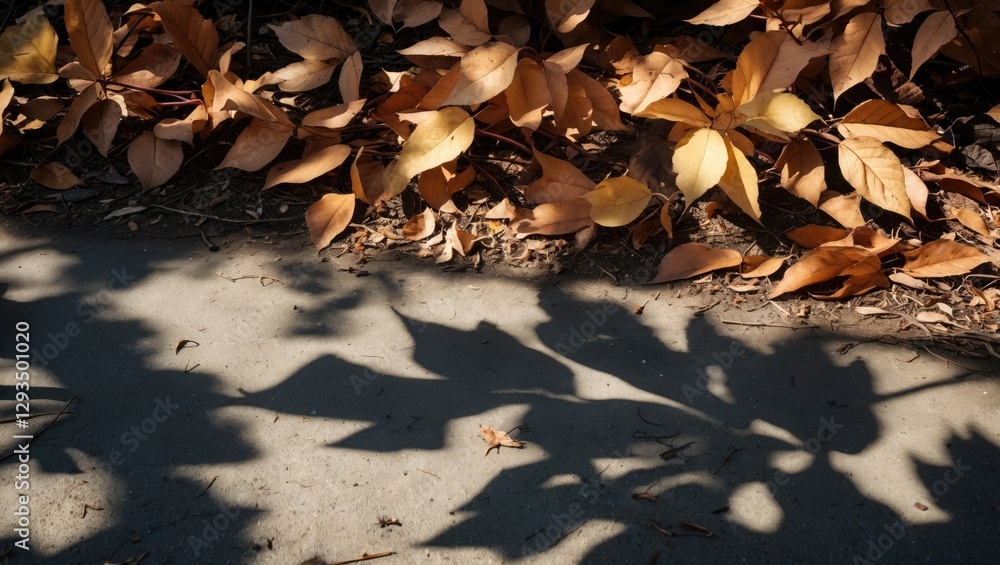 Poster autumn leaves casting intricate shadows on a concrete surface creating a warm and textured outdoor s