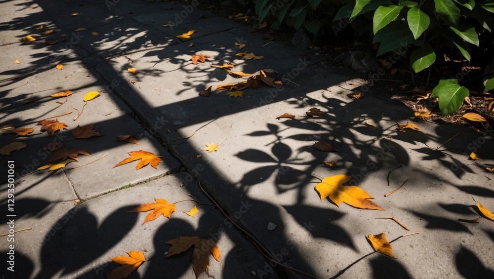 Aufkleber Autumn leaves casting intricate shadows on pavement creating a beautiful interplay of light and nature's beauty