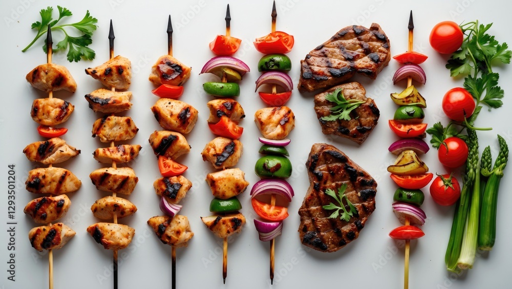 Poster Assorted Grilled Chicken Skewers and Steaks with Colorful Vegetables on White Background