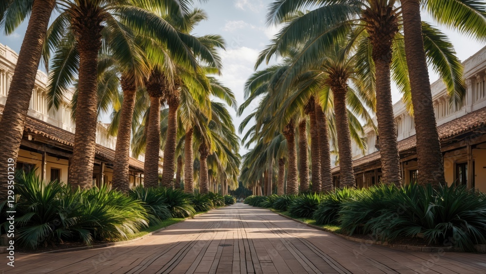Poster lush palm trees lining a serene pathway with tropical foliage in a tranquil setting ideal for relaxa