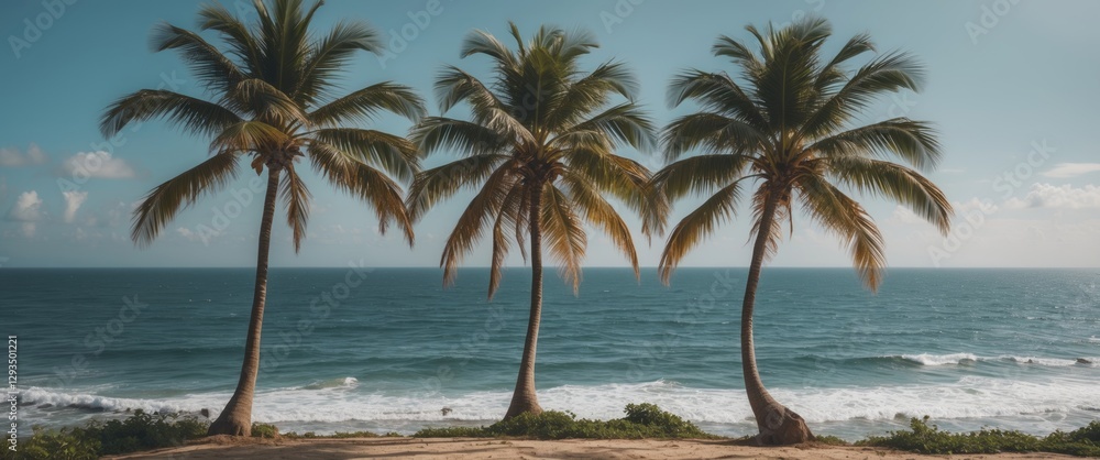 Poster tranquil seascape featuring three palm trees swaying gently by the ocean with clear blue skies and w