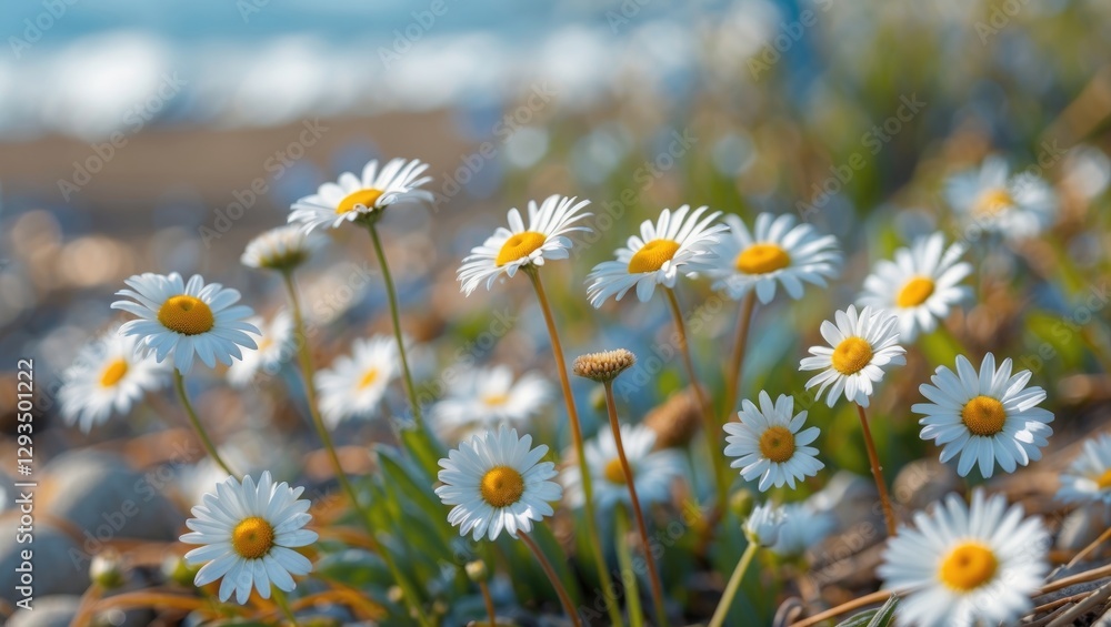 Poster Seaside Daisies Blooming Along the Shore with a Soft Blurred Background Creating a Scenic and Tranquil Nature Perspective