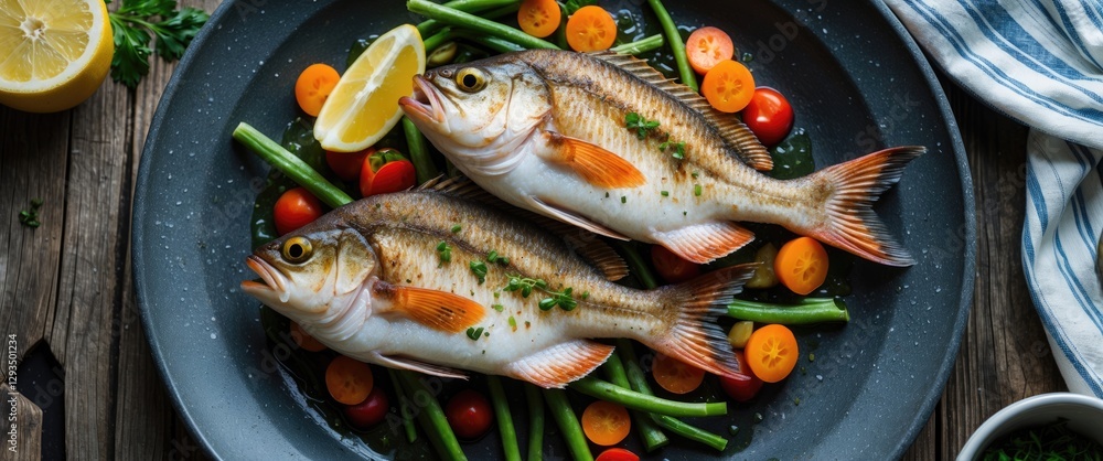 Poster pan fried redfish served with fresh vegetables and lemon slices on dark plate with empty space for t