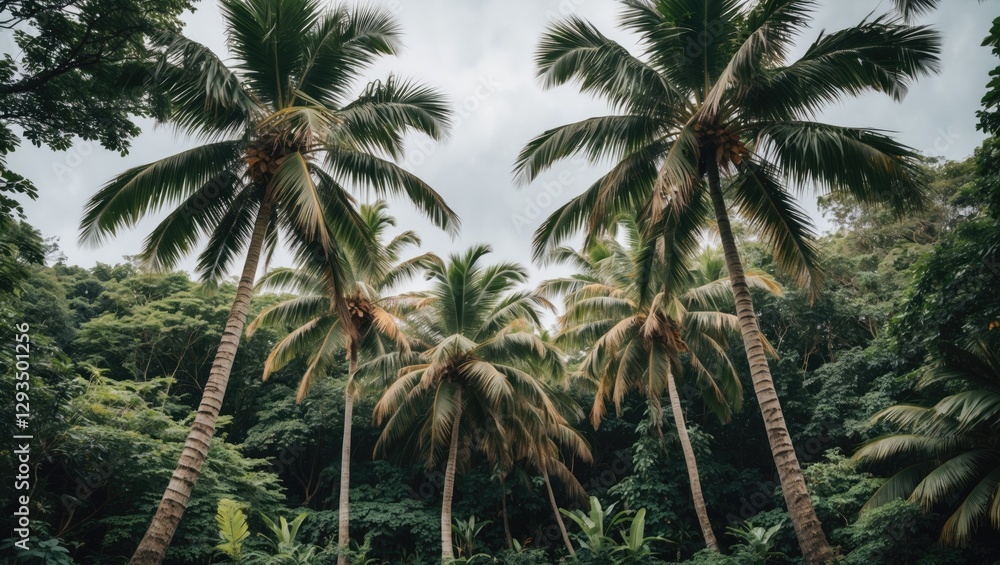Poster lush jungle scene with tall palm trees and fluffy foliage creating an idyllic natural setting for te