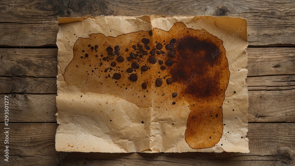 Aufkleber Vintage paper sheet with coffee stains on rustic wooden background for texture and nostalgia in design projects.