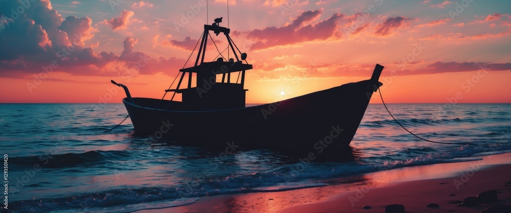 Poster silhouette of a fishing boat on tranquil sea at sunrise with colorful sky and empty space for text o