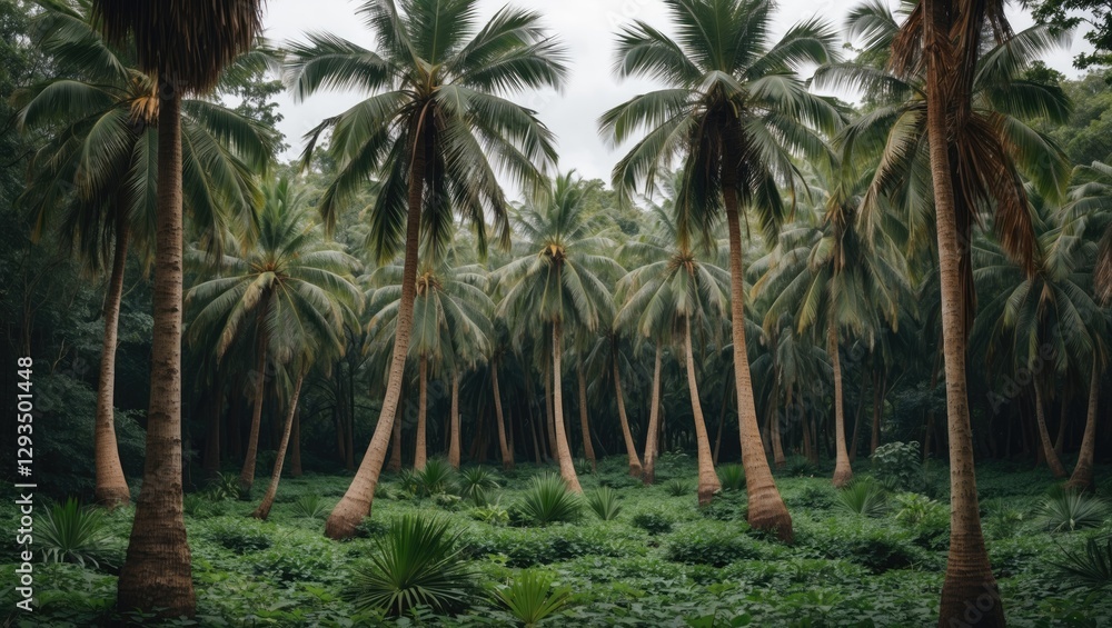 Poster lush palm trees surrounded by dense forest creating a serene natural landscape ideal for text overla