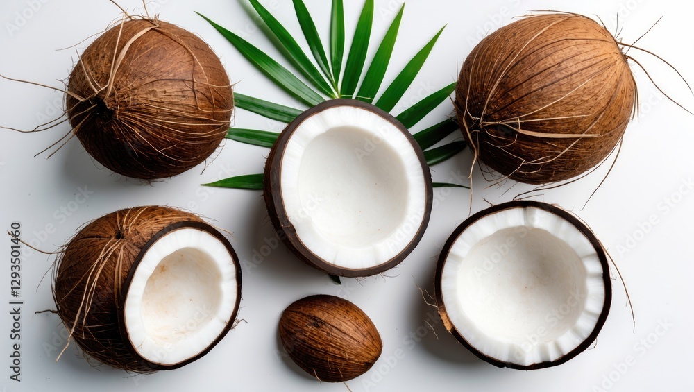 Poster Fresh Whole and Half Coconuts with Slices Isolated on White Background Surrounded by Green Leaves for Culinary and Design Use