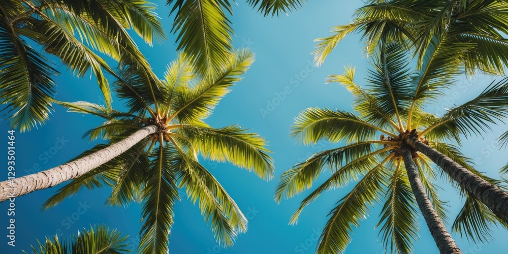 Poster tropical palm trees against a clear blue sky with green leaves creating an inviting atmosphere and s