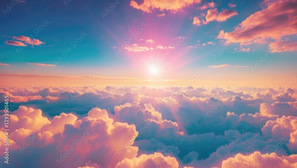 Poster serene twilight sky with vibrant clouds and sun rays creating a dreamy abstract background perfect f
