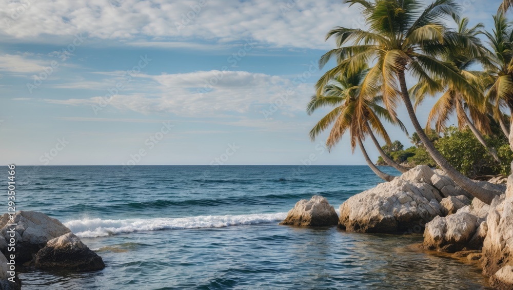 Poster tropical paradise with palm trees and rocky shoreline by the ocean ideal for text overlay and inviti