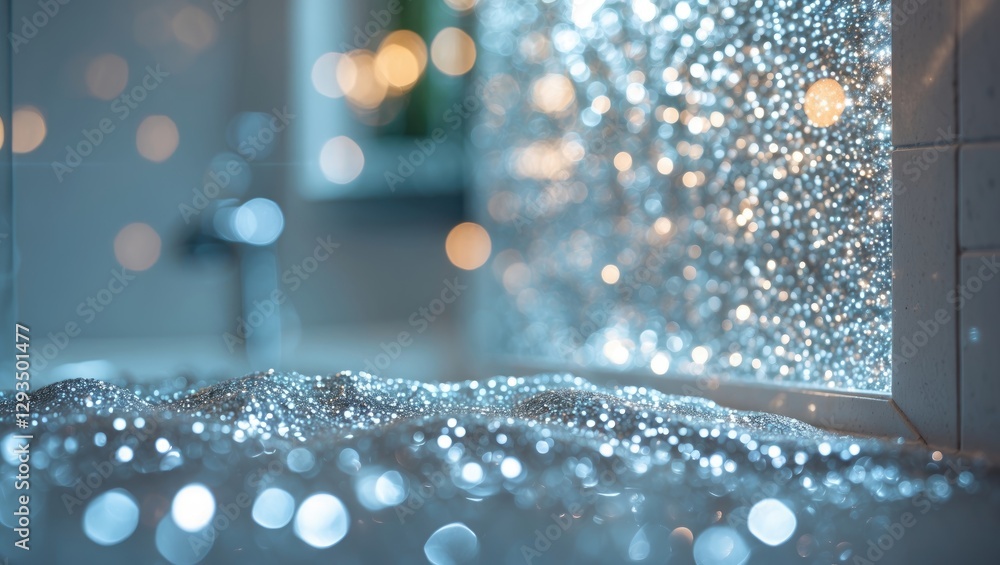 Aufkleber Glittering silver bokeh effect on blurred glass window in a bathroom creating a serene and tranquil atmosphere.
