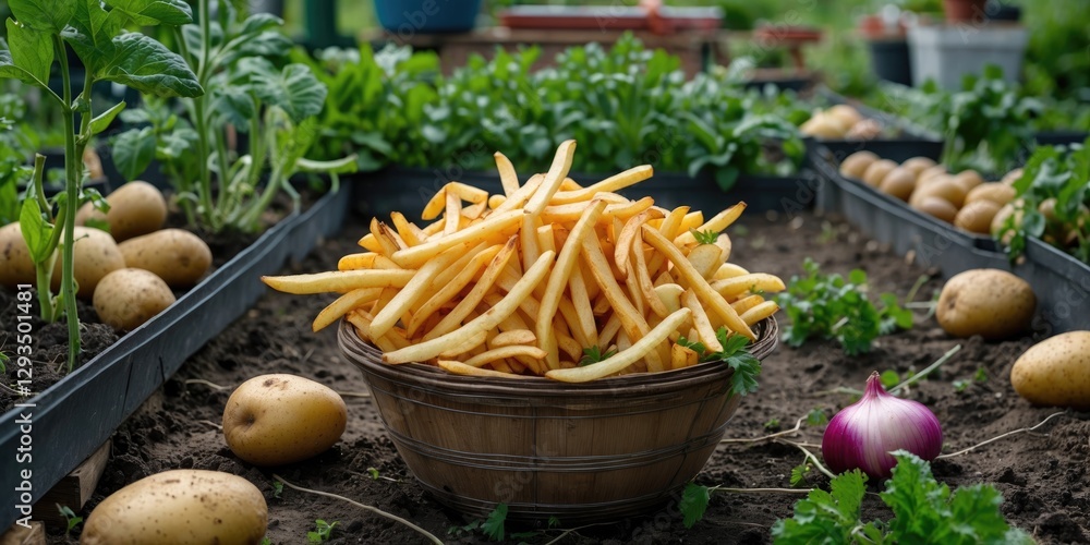 Poster freshly harvested vegetable garden featuring golden french fries in a rustic bowl surrounded by pota